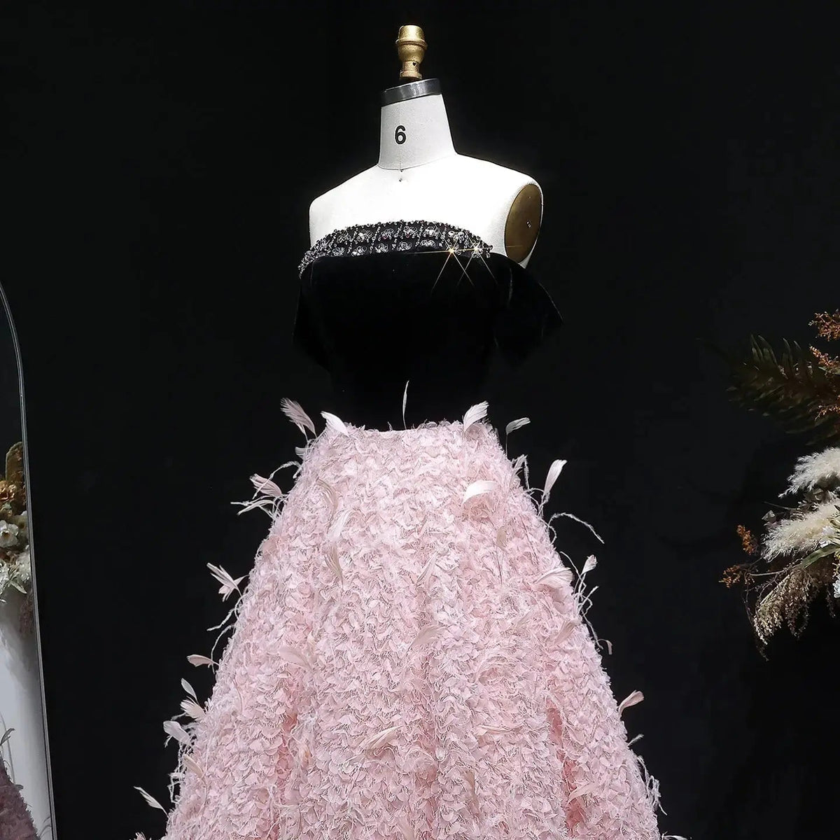 Luxury Black and Pink 3D Floral Feather Strapless Evening Dress SS721
