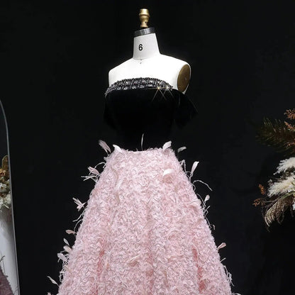 Luxury Black and Pink 3D Floral Feather Strapless Evening Dress SS721