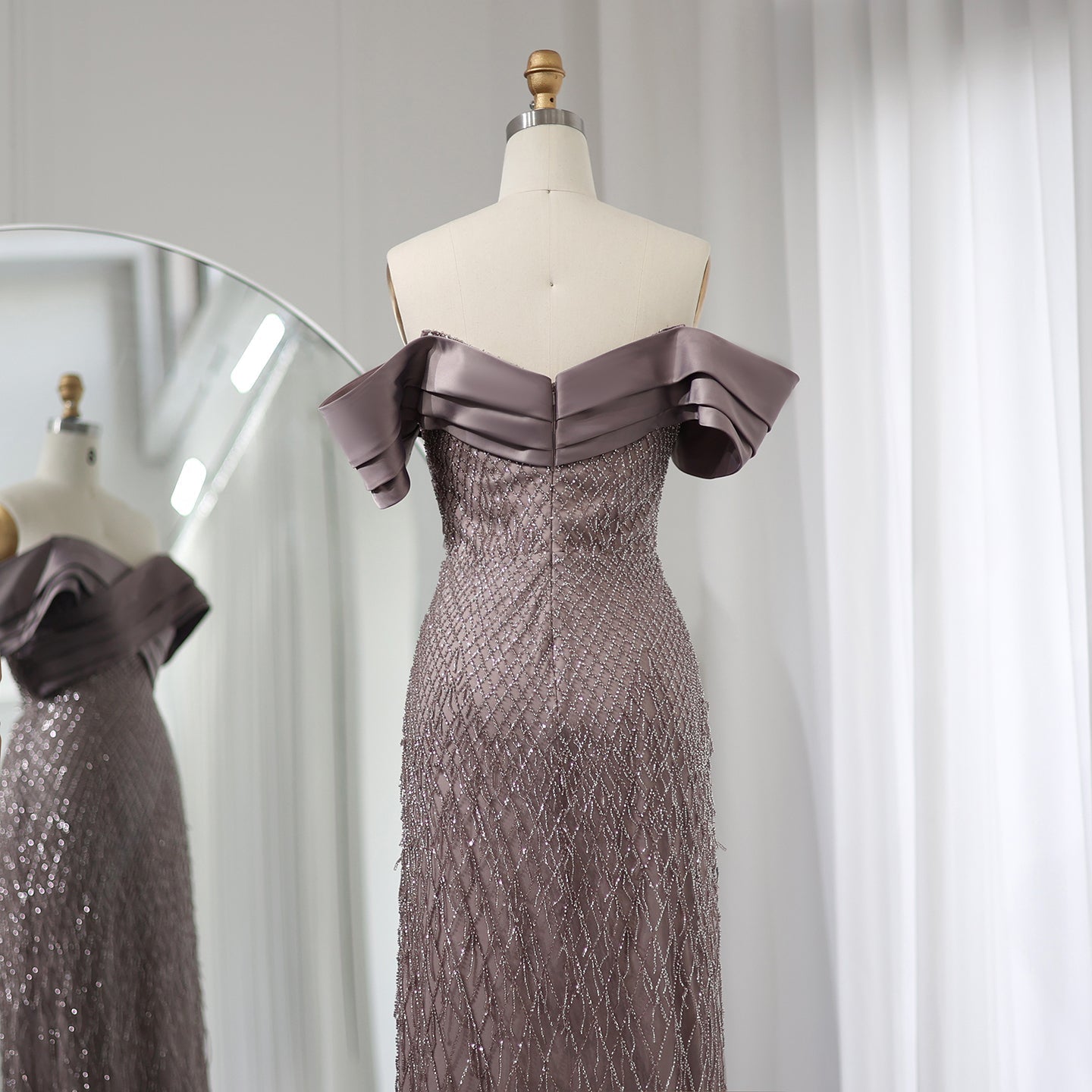 Elegant Tassel Sage Green Off Shoulder Evening Dress SS667