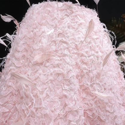 Luxury Black and Pink 3D Floral Feather Strapless Evening Dress SS721