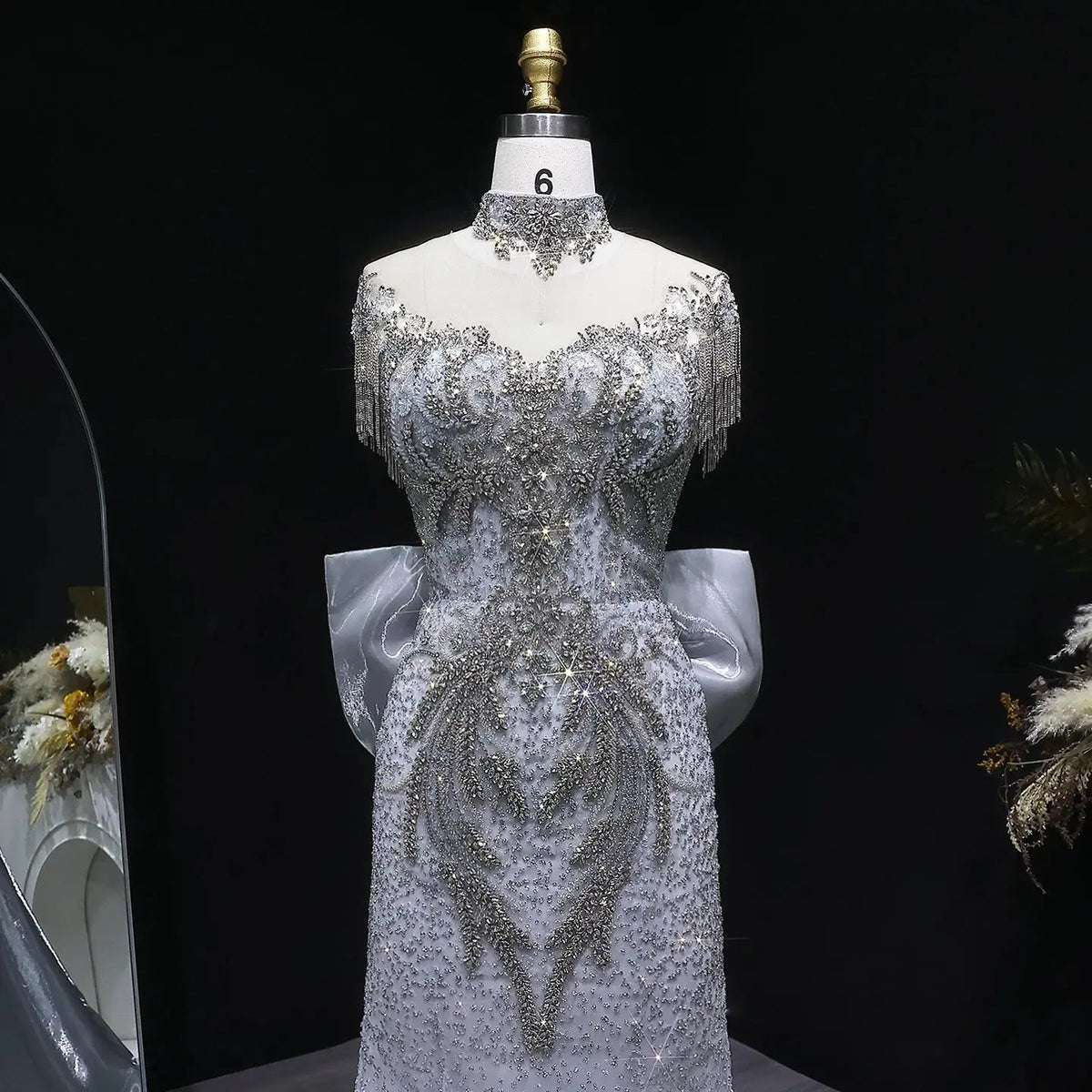 Luxury Silver Gray Beaded Train Evening Dress with Bow Tie and Necklace SS722