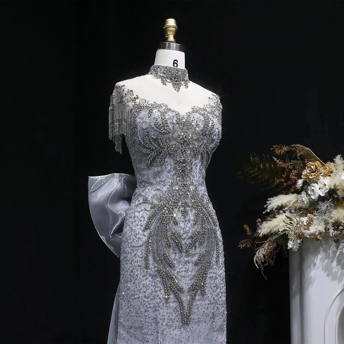 Luxury Silver Gray Beaded Train Evening Dress with Bow Tie and Necklace SS722