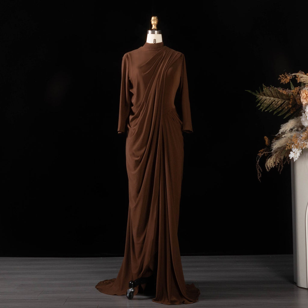 Elegant Brown High Neck Long Sleeve Ruched Bodycon Evening Dress SF078