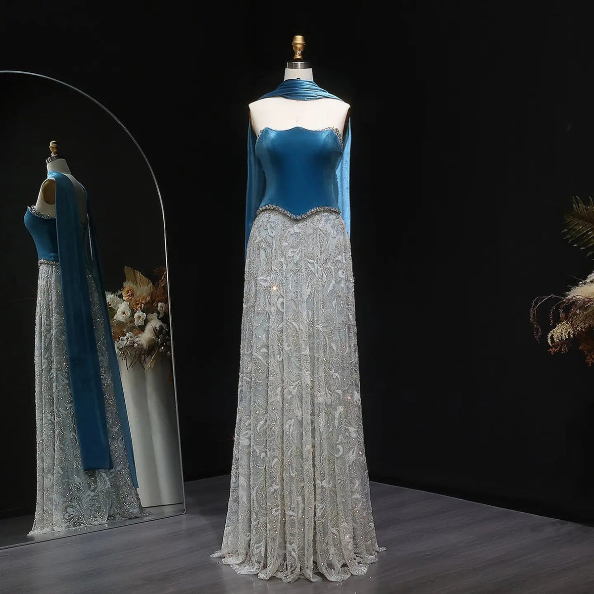 Luxury Beaded Blue Velvet Evening Dress with Scarf  SS793