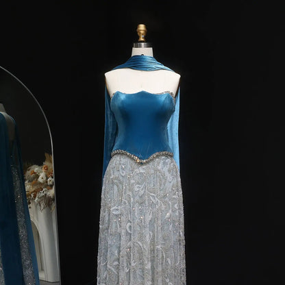 Luxury Beaded Blue Velvet Evening Dress with Scarf  SS793