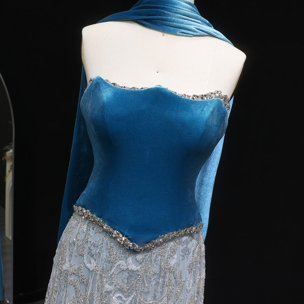 Luxury Beaded Blue Velvet Evening Dress with Scarf  SS793