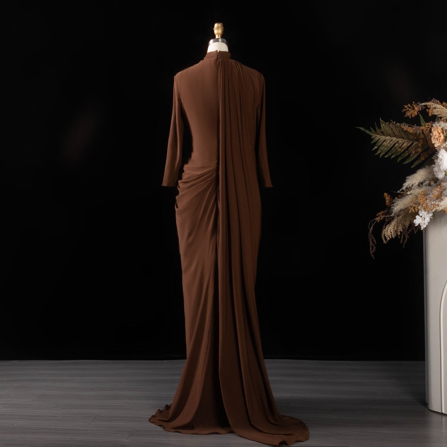 Elegant Brown High Neck Long Sleeve Ruched Bodycon Evening Dress SF078
