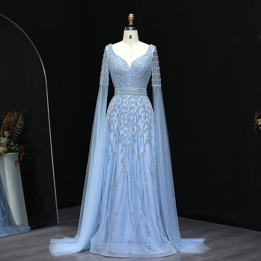 Elegant Pink Beaded Evening Dress with Cape Sleeves SS034