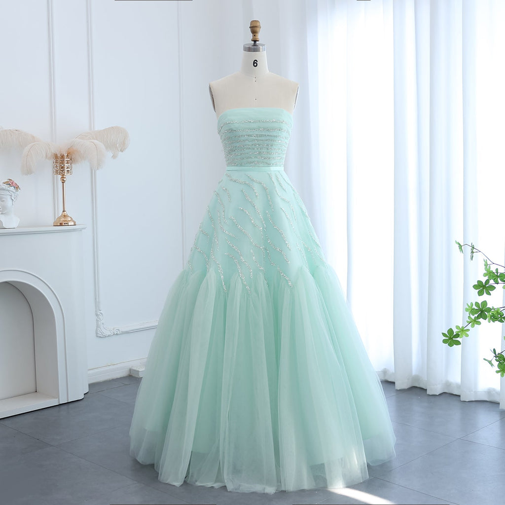 Elegant Beaded Sage Green Strapless Evening Dresses SS483