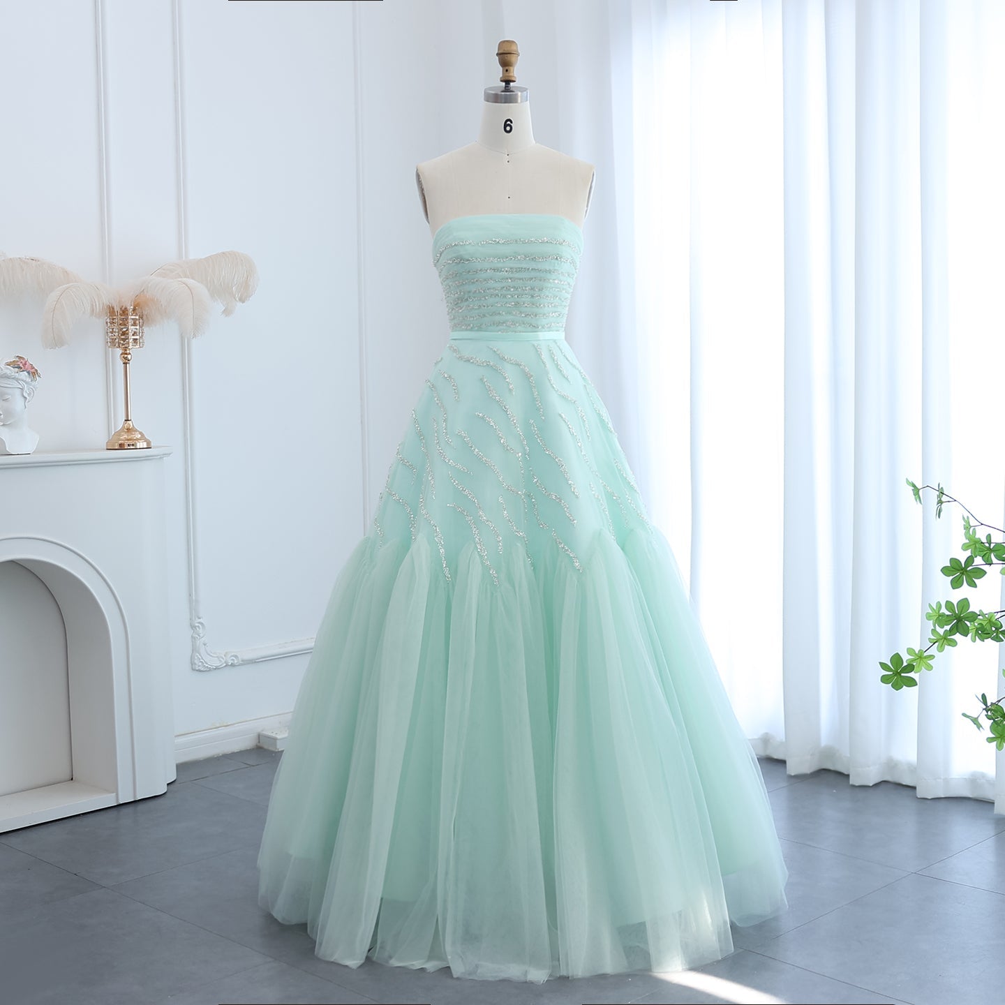 Elegant Beaded Sage Green Strapless Evening Dresses SS483