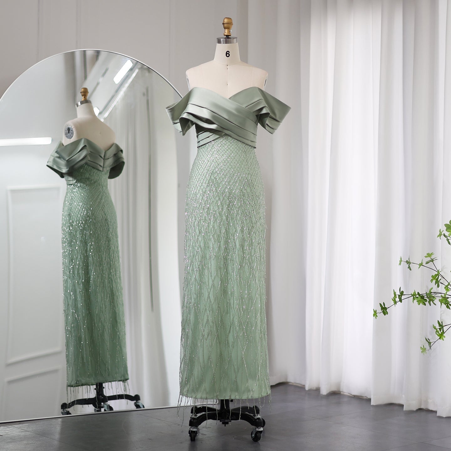 Elegant Tassel Sage Green Off Shoulder Evening Dress SS667