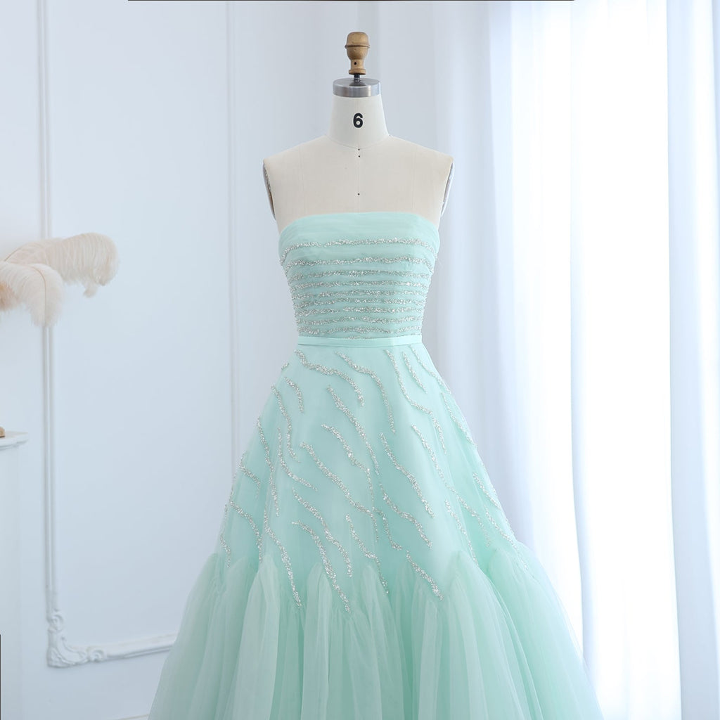 Elegant Beaded Sage Green Strapless Evening Dresses SS483