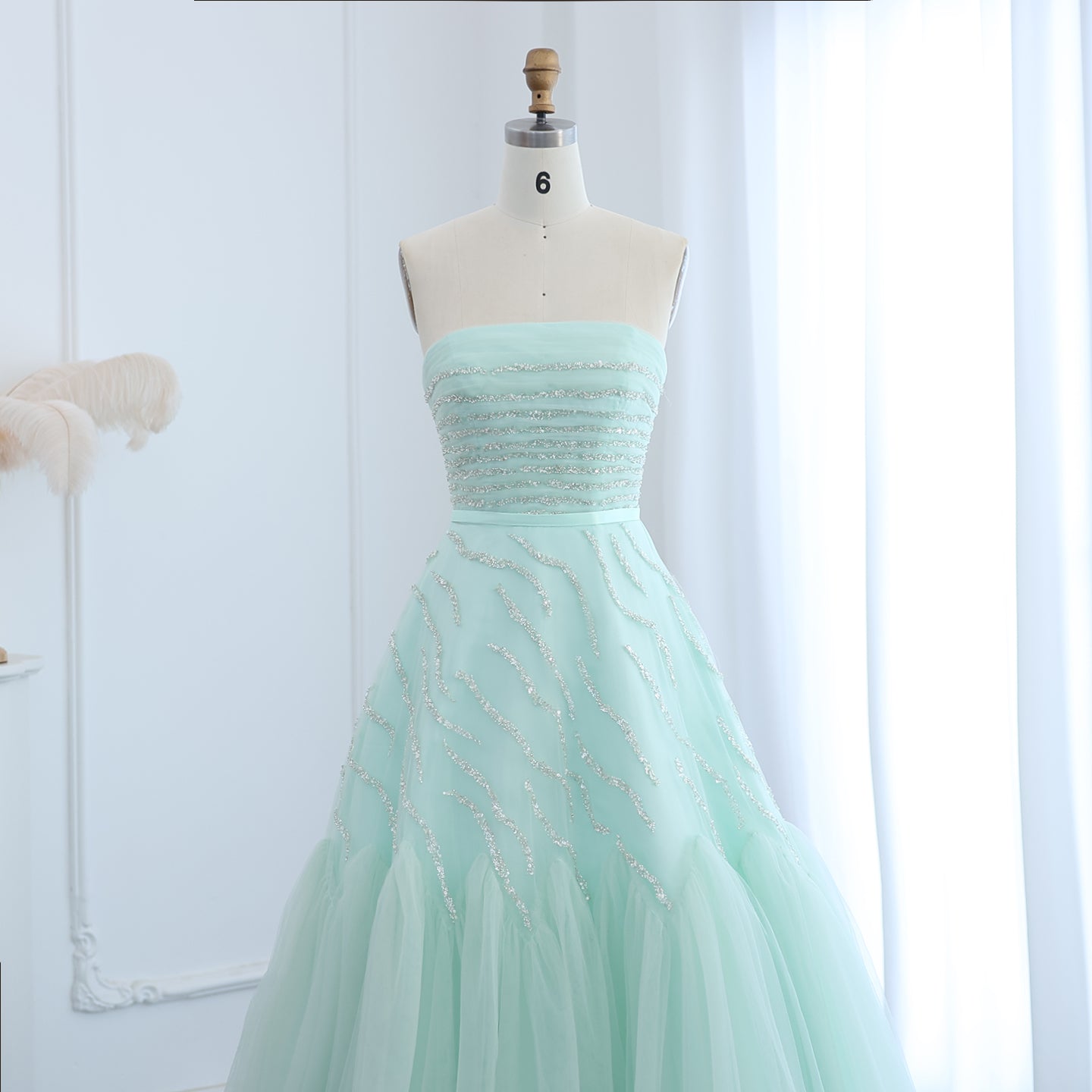 Elegant Beaded Sage Green Strapless Evening Dresses SS483