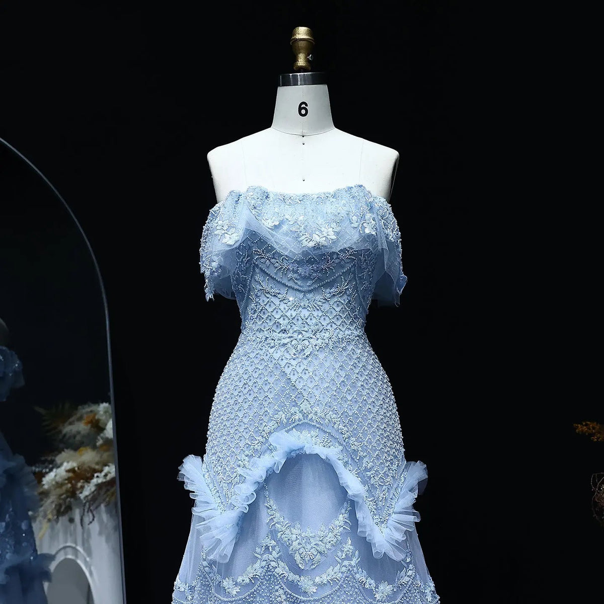 Luxury Silver Gray Off Shoulder Evening Dress SS485