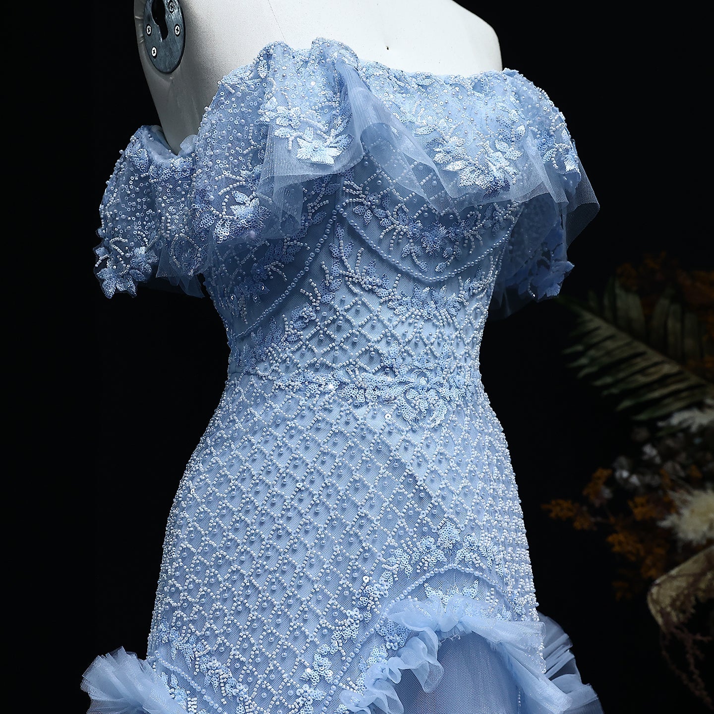 Luxury Pearls Silver Gray Off Shoulder A-Line Evening Dress SS485