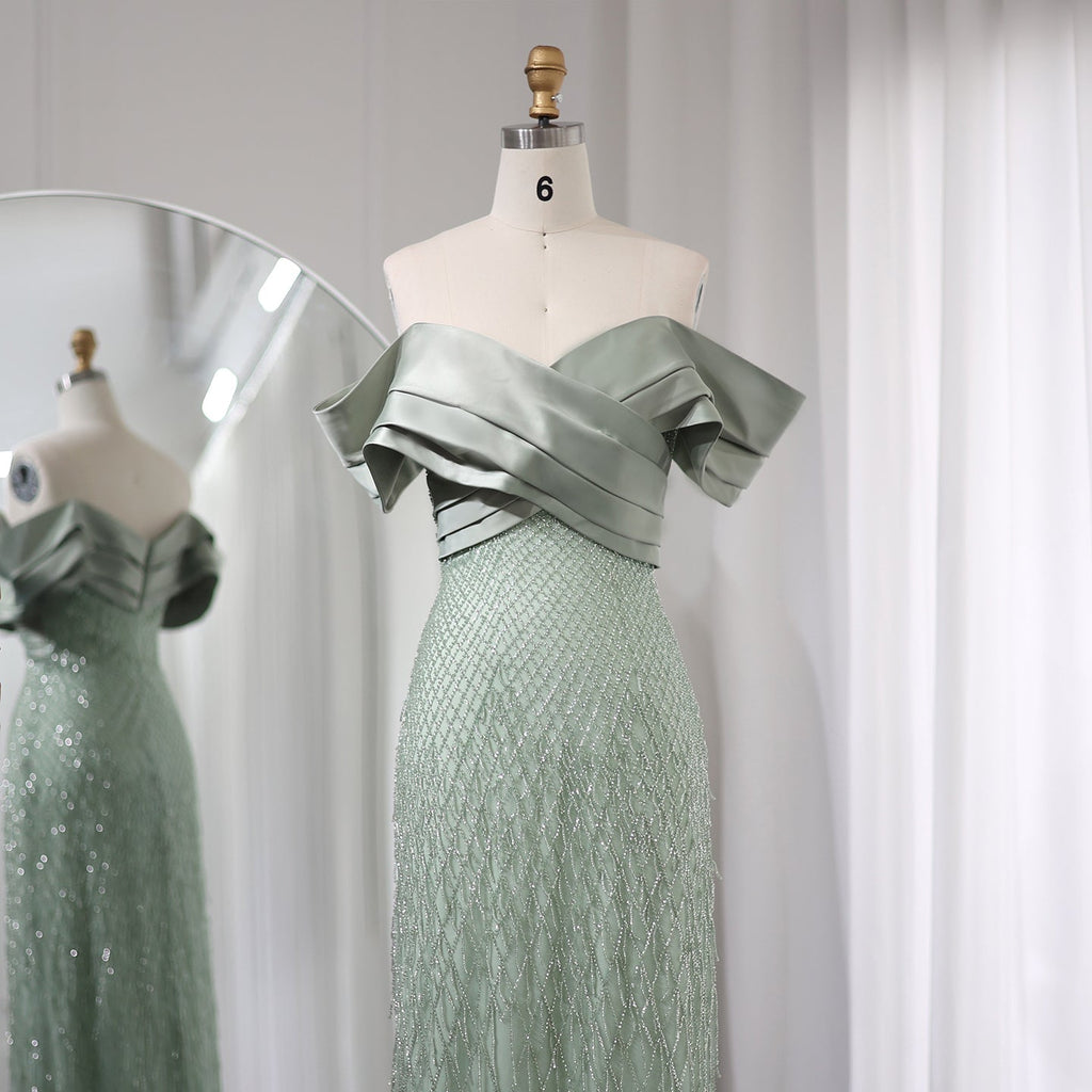 Elegant Tassel Sage Green Off Shoulder Evening Dress SS667