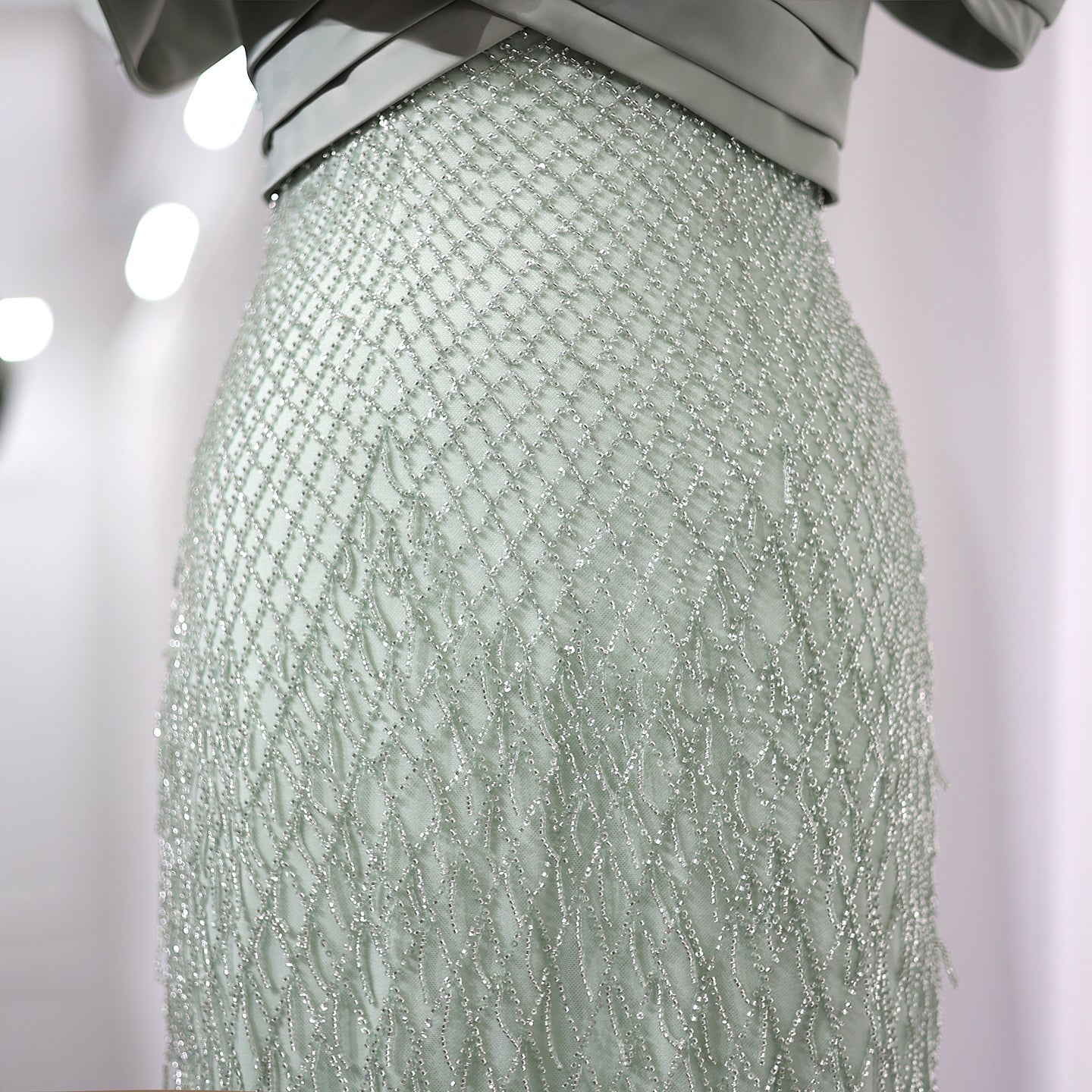 Elegant Tassel Sage Green Off Shoulder Evening Dress SS667