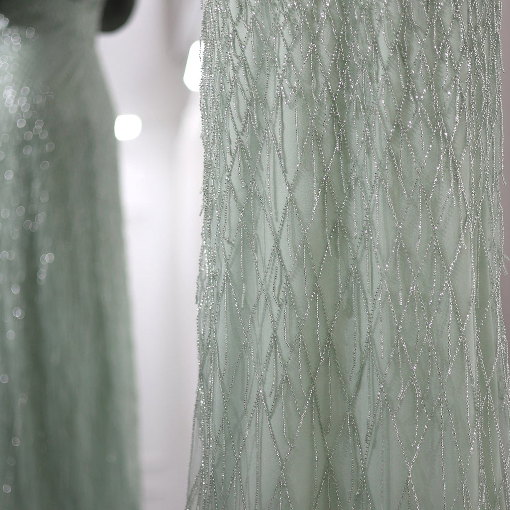 Elegant Tassel Sage Green Off Shoulder Evening Dress SS667