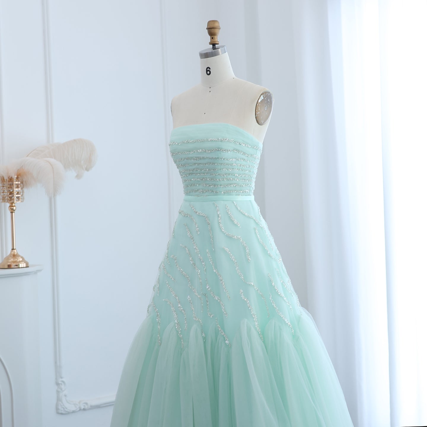 Elegant Beaded Sage Green Strapless Evening Dresses SS483