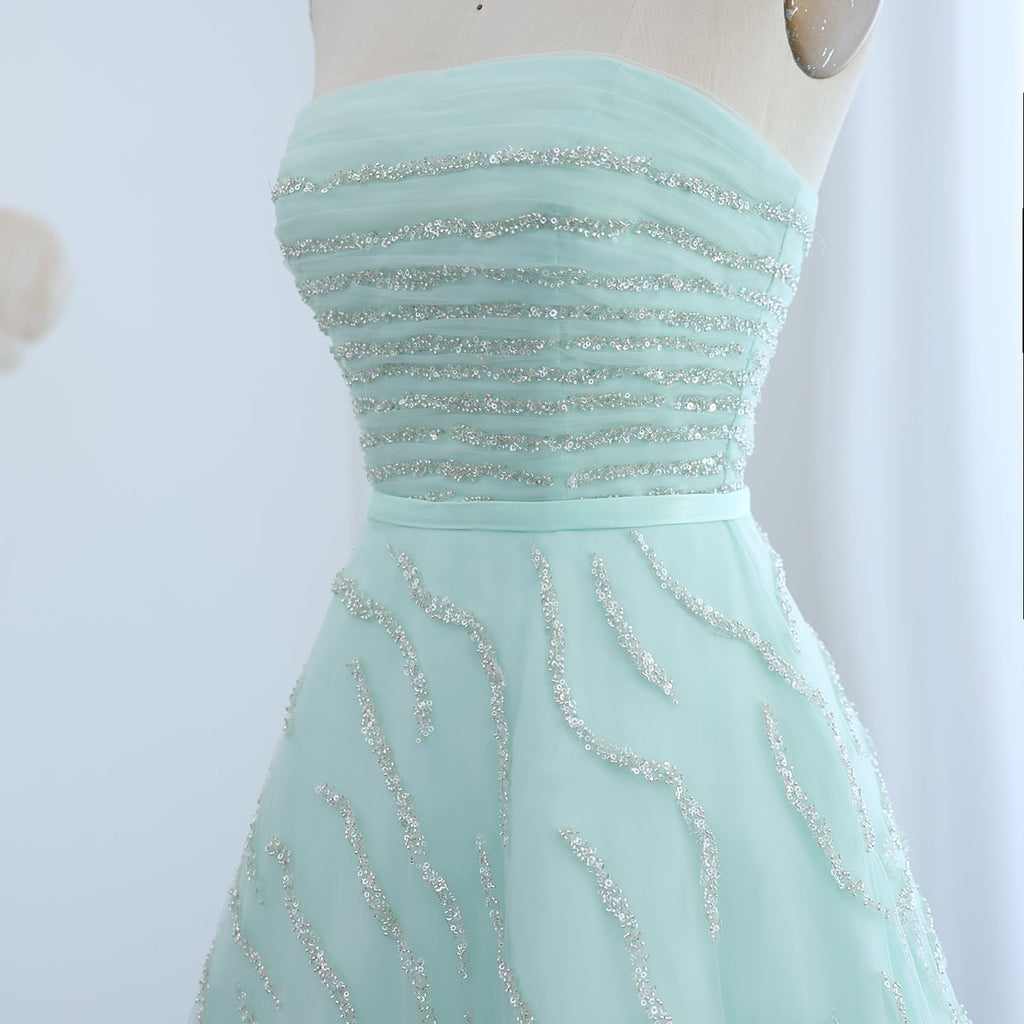 Elegant Beaded Sage Green Strapless Evening Dresses SS483
