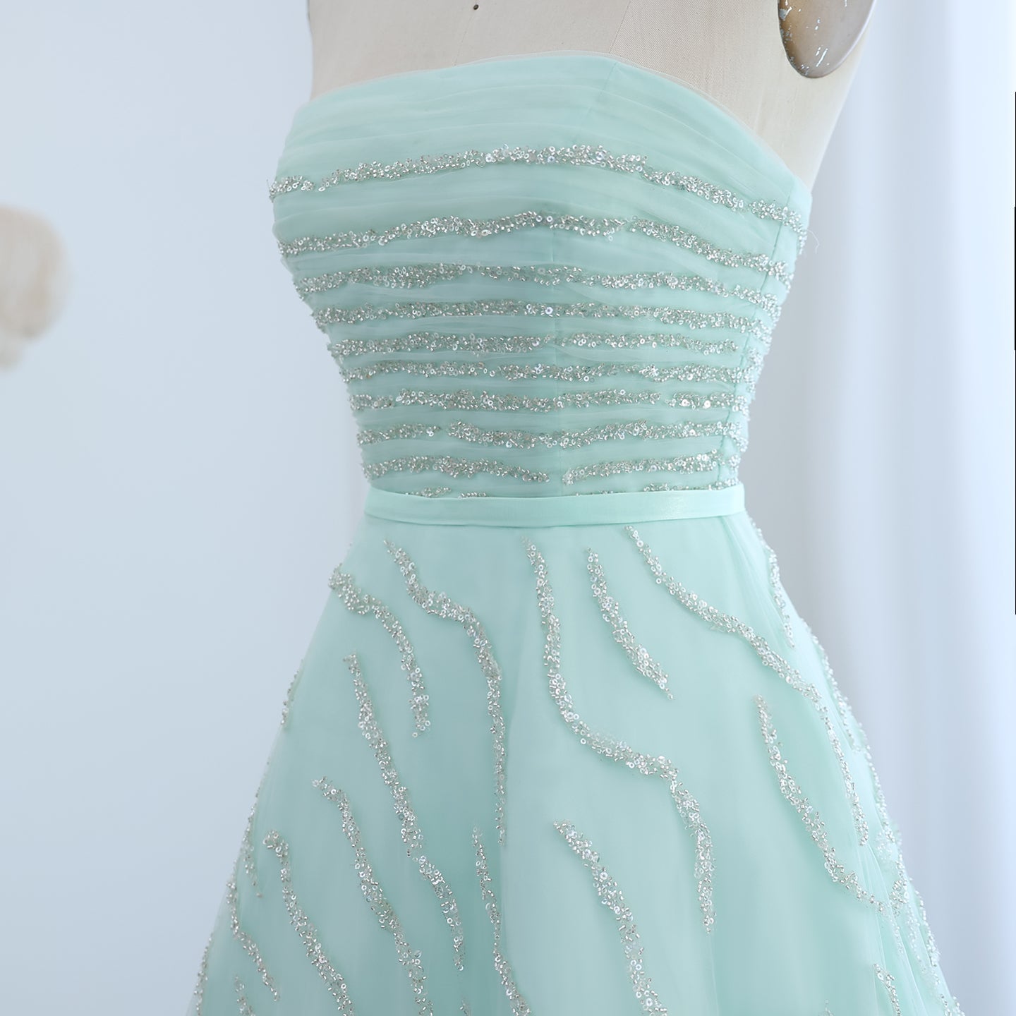 Elegant Beaded Sage Green Strapless Evening Dresses SS483