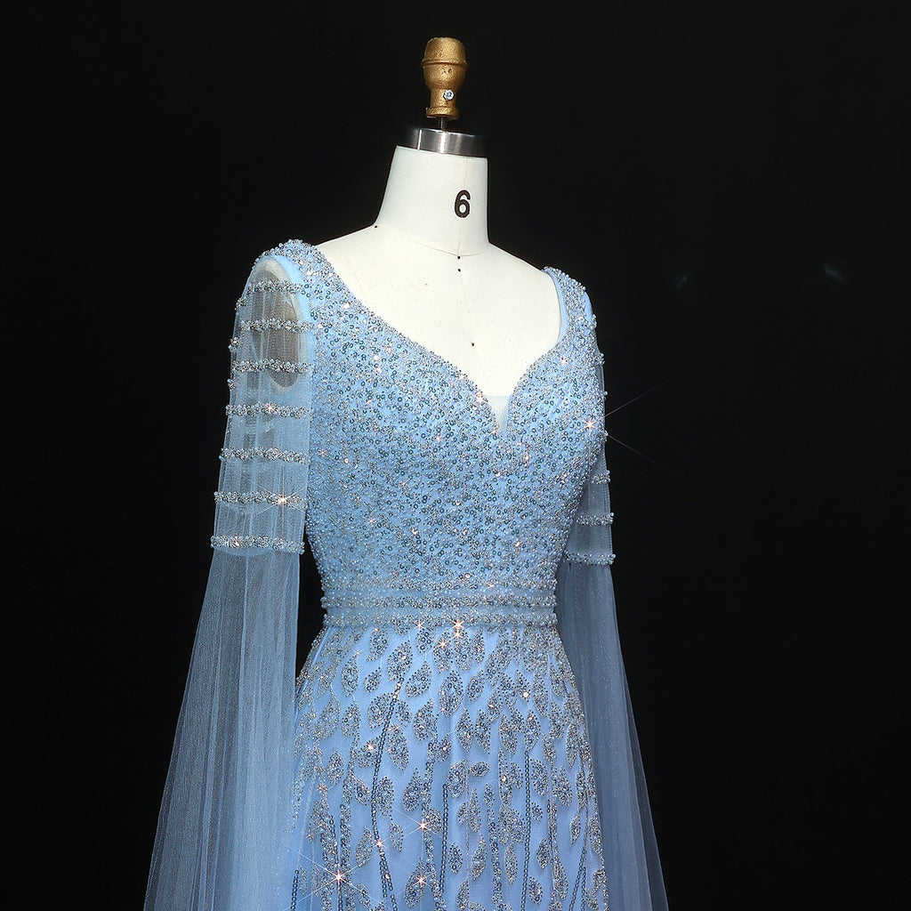 Elegant Pink Beaded Evening Dress with Cape Sleeves SS034