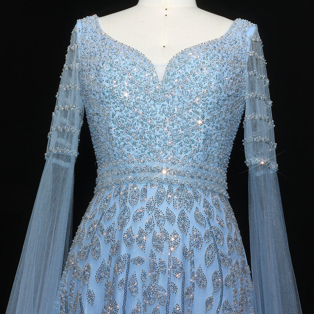 Elegant Pink Beaded Evening Dress with Cape Sleeves SS034