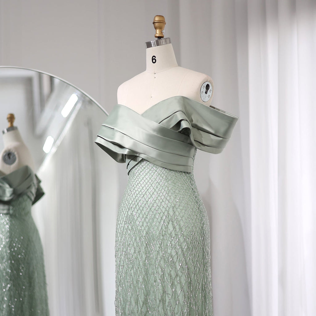 Elegant Tassel Sage Green Off Shoulder Evening Dress SS667