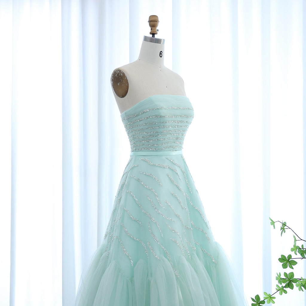 Elegant Beaded Sage Green Strapless Evening Dresses SS483