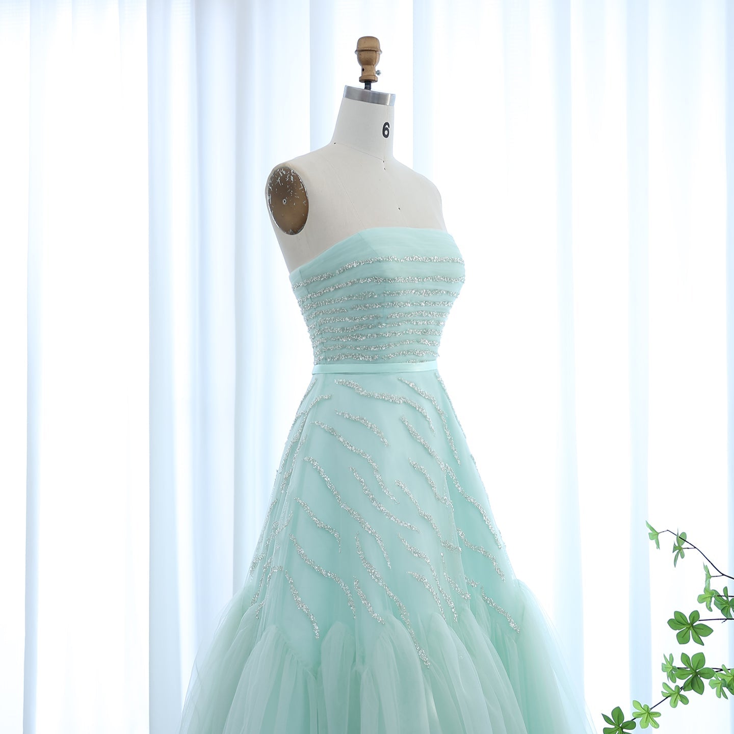 Elegant Beaded Sage Green Strapless Evening Dresses SS483