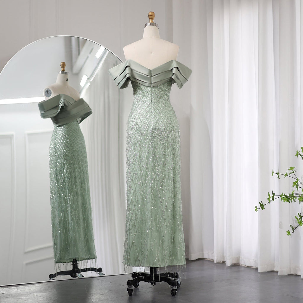 Elegant Tassel Sage Green Off Shoulder Evening Dress SS667
