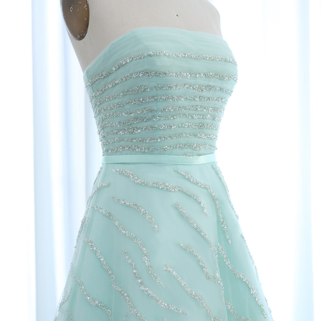 Elegant Beaded Sage Green Strapless Evening Dresses SS483