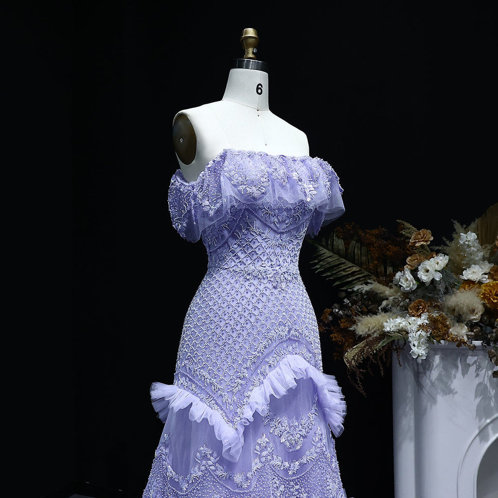 Luxury Pearls Silver Gray Off Shoulder A-Line Evening Dress SS485