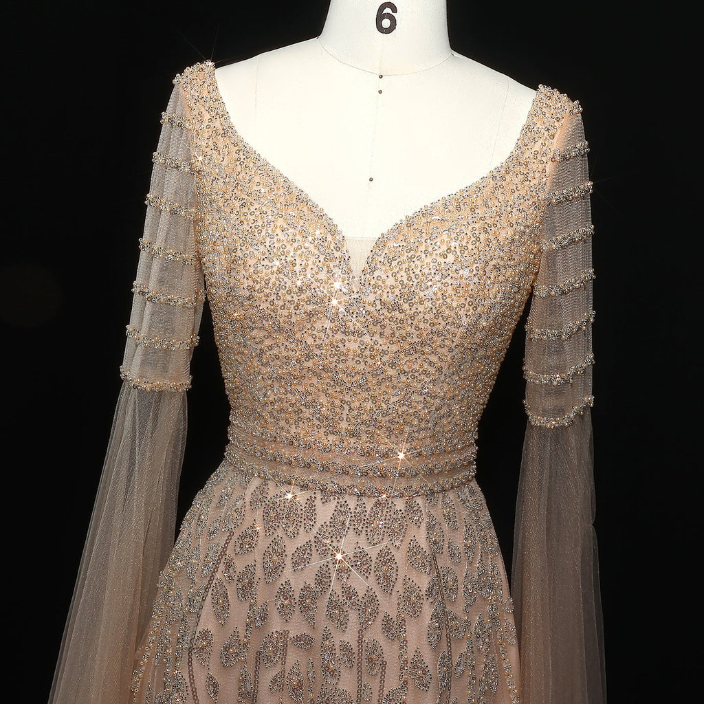 Elegant Pink Beaded Evening Dress with Cape Sleeves SS034