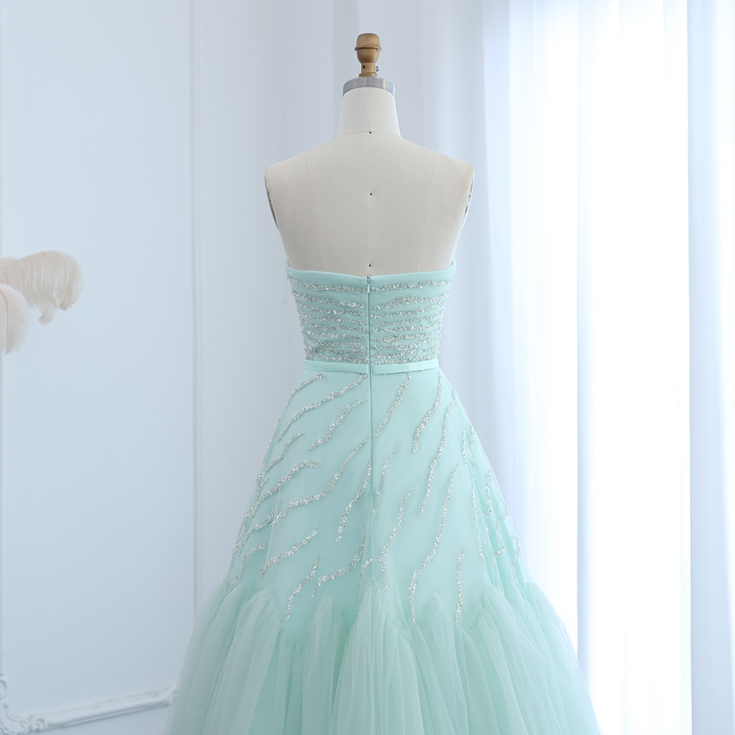 Elegant Beaded Sage Green Strapless Evening Dresses SS483