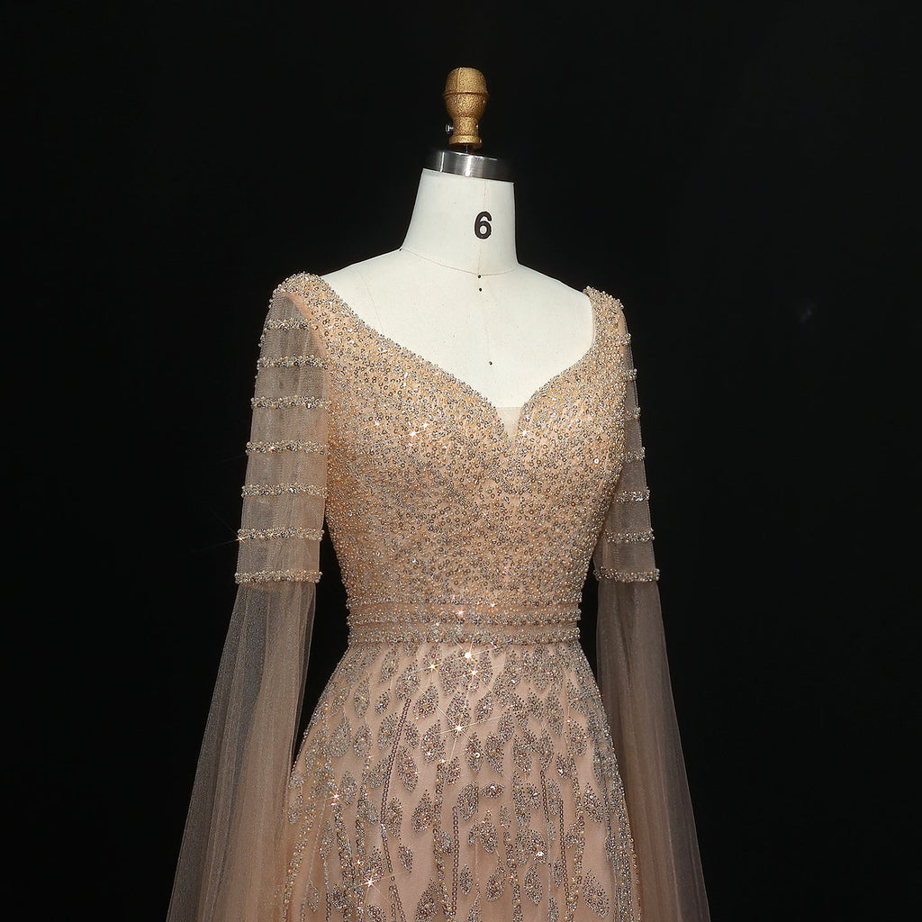 Elegant Pink Beaded Evening Dress with Cape Sleeves SS034