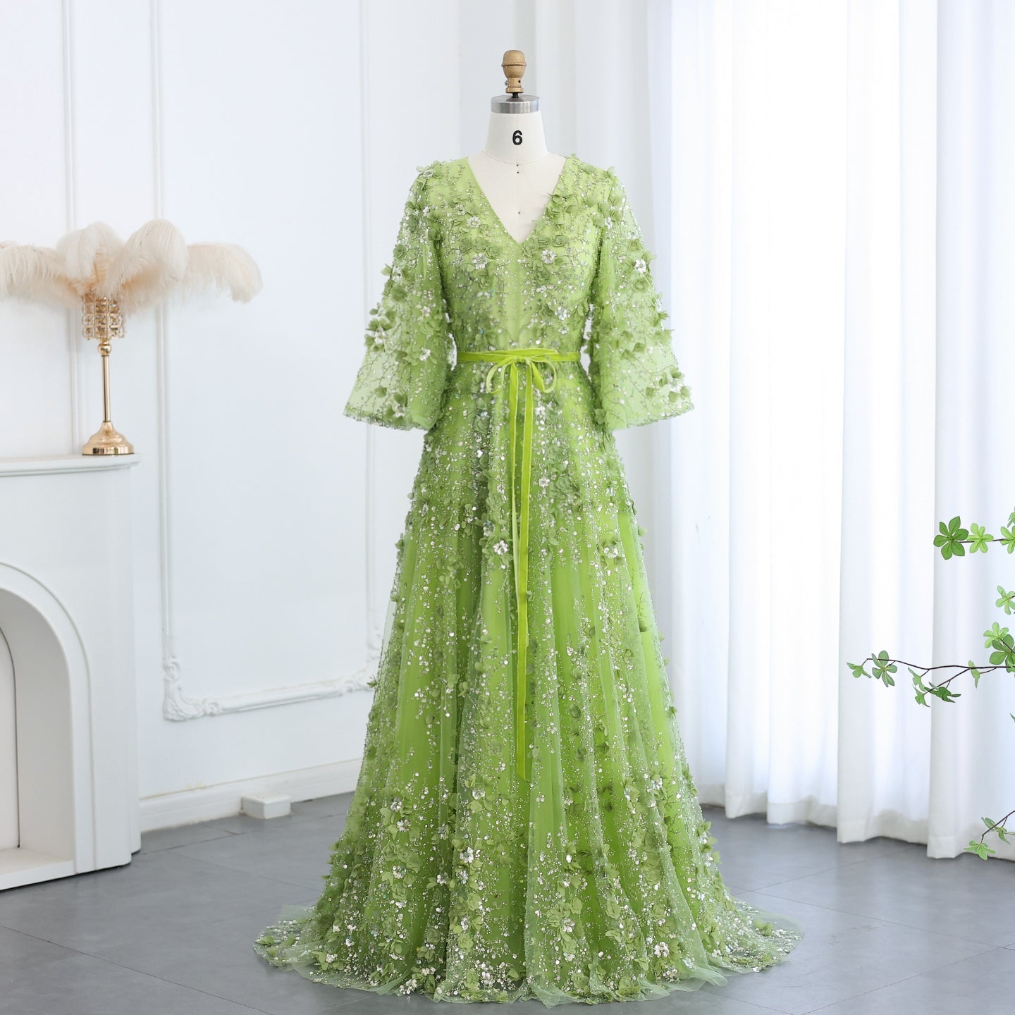 Sexy V-neck Green 3D Embroidered Flowers A-Line Evening Dress SS354