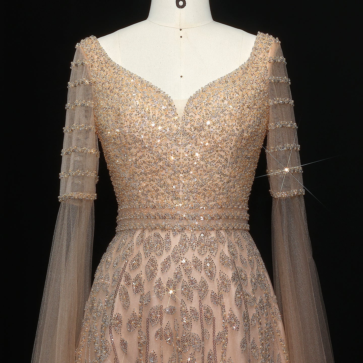 Elegant Pink Beaded Evening Dress with Cape Sleeves SS034