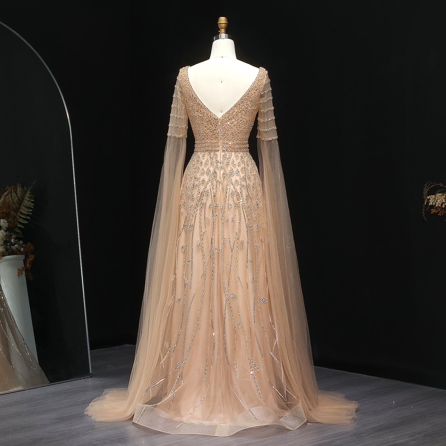 Elegant Pink Beaded Evening Dress with Cape Sleeves SS034