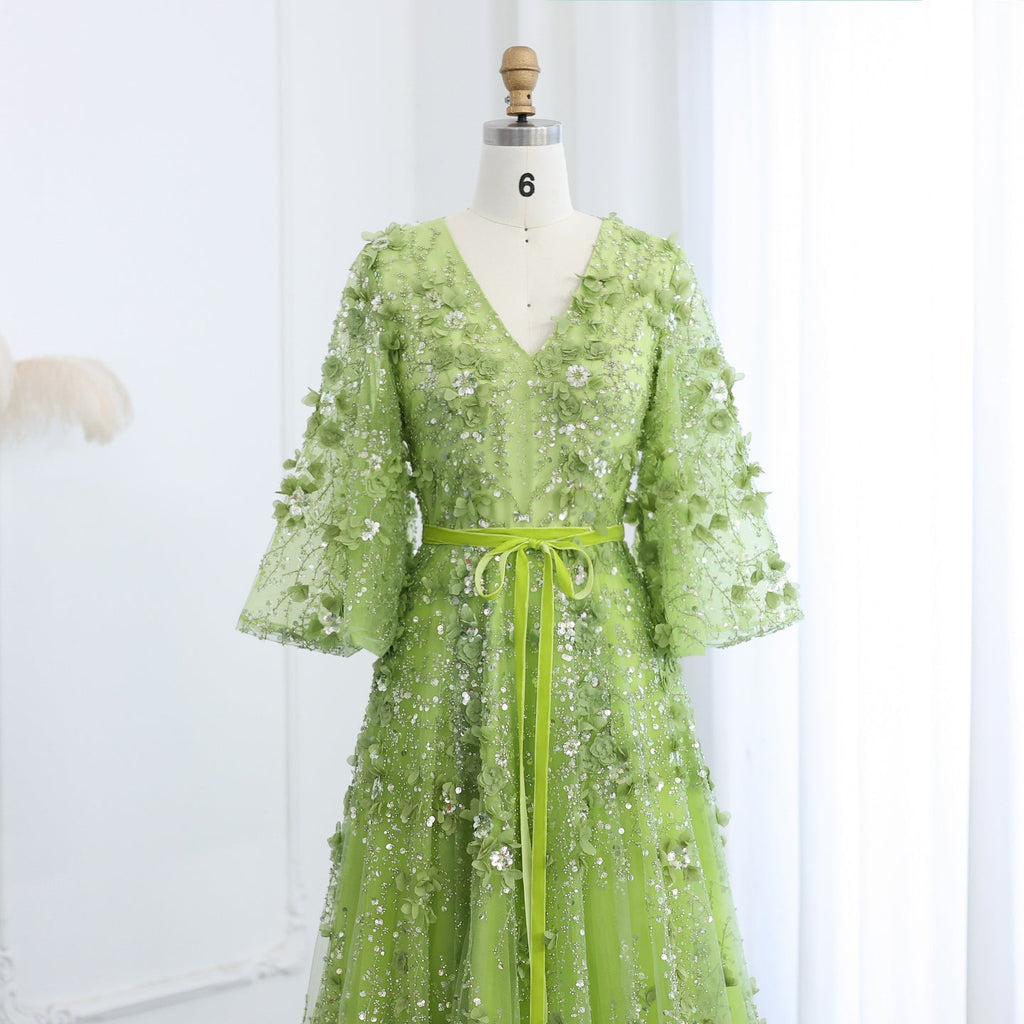 Sexy V-neck Green 3D Embroidered Flowers A-Line Evening Dress SS354