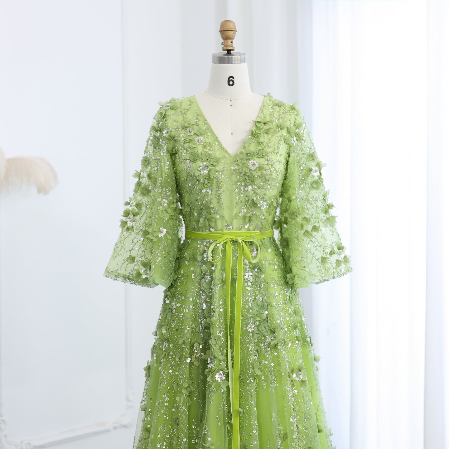 Sexy V-neck Green 3D Embroidered Flowers A-Line Evening Dress SS354