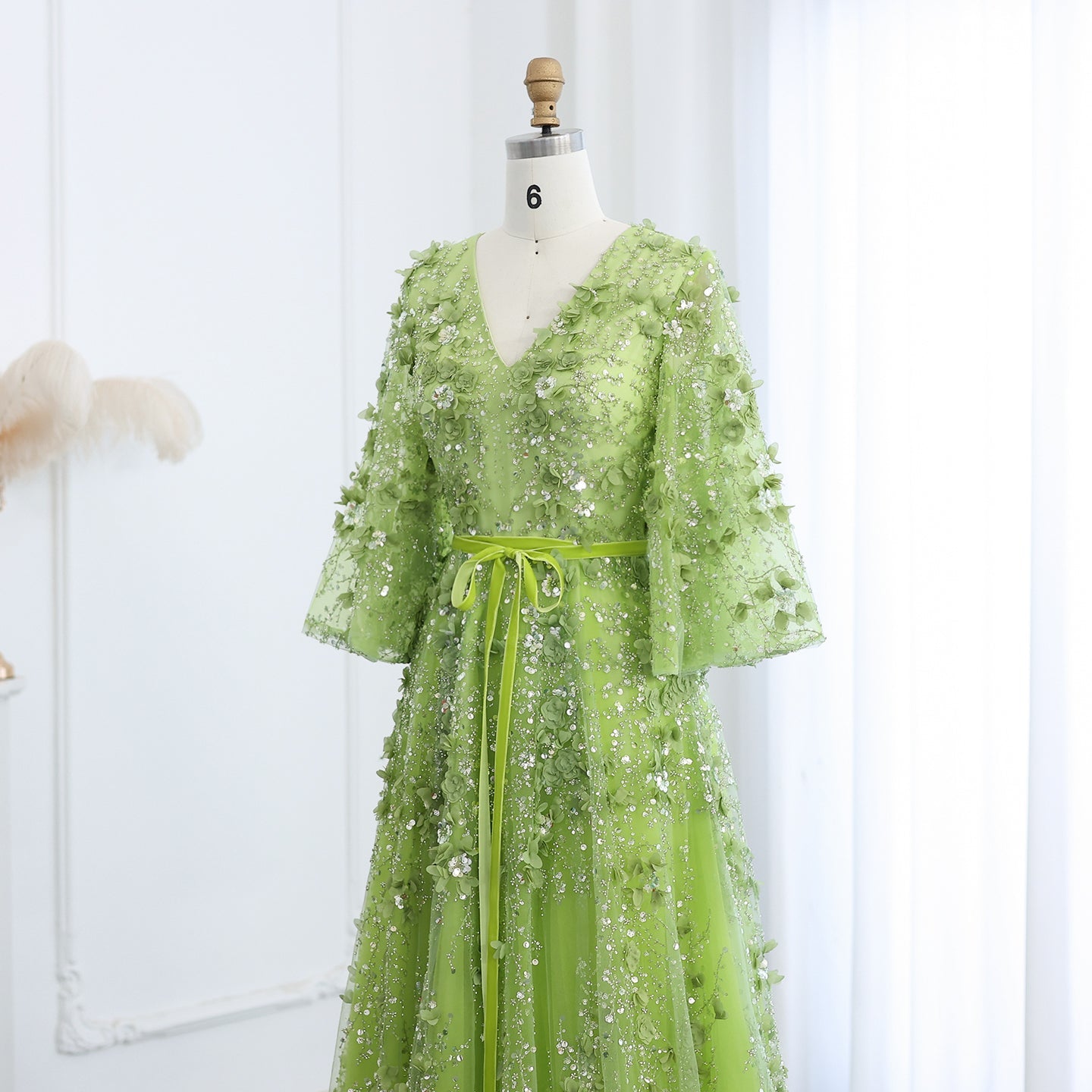 Sexy V-neck Green 3D Embroidered Flowers A-Line Evening Dress SS354