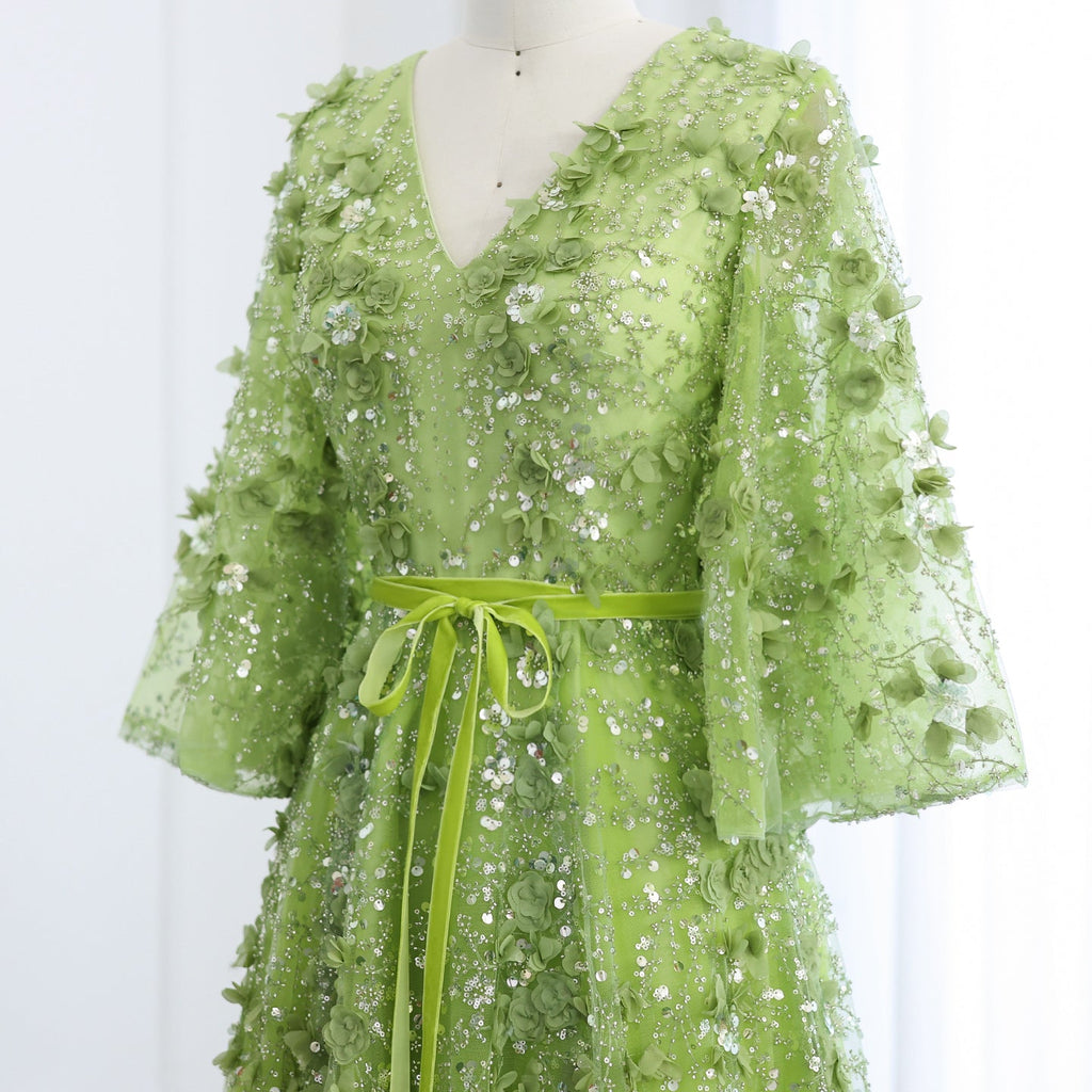 Sexy V-neck Green 3D Embroidered Flowers A-Line Evening Dress SS354