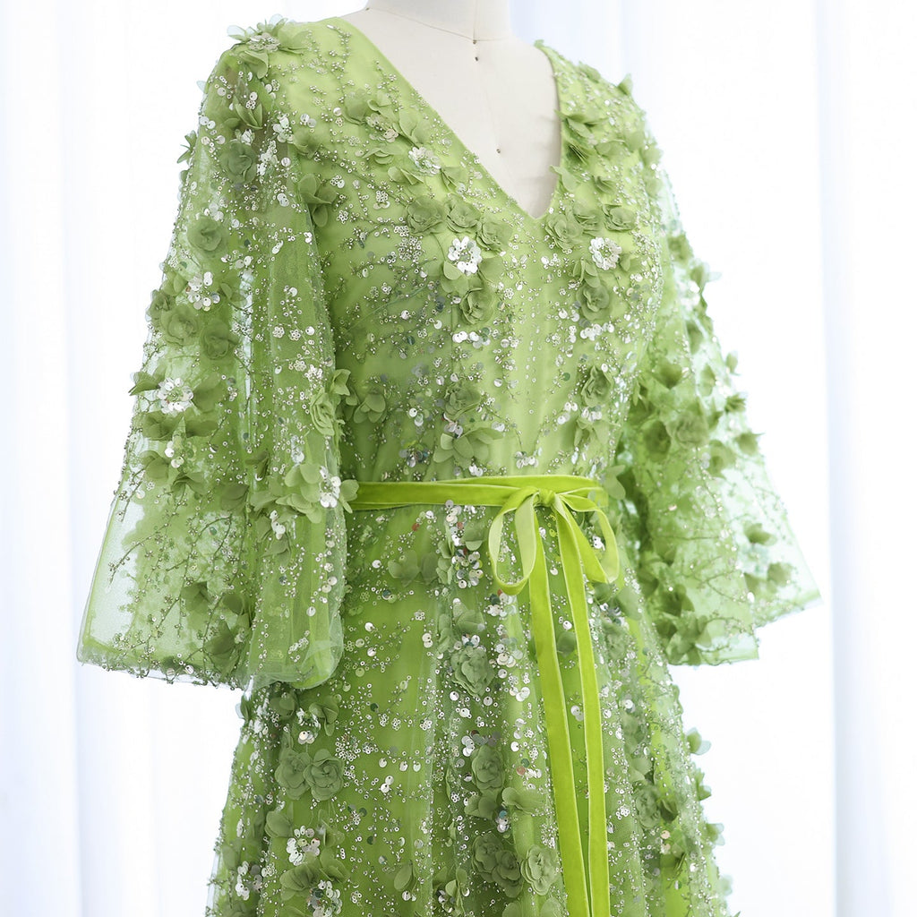 Sexy V-neck Green 3D Embroidered Flowers A-Line Evening Dress SS354
