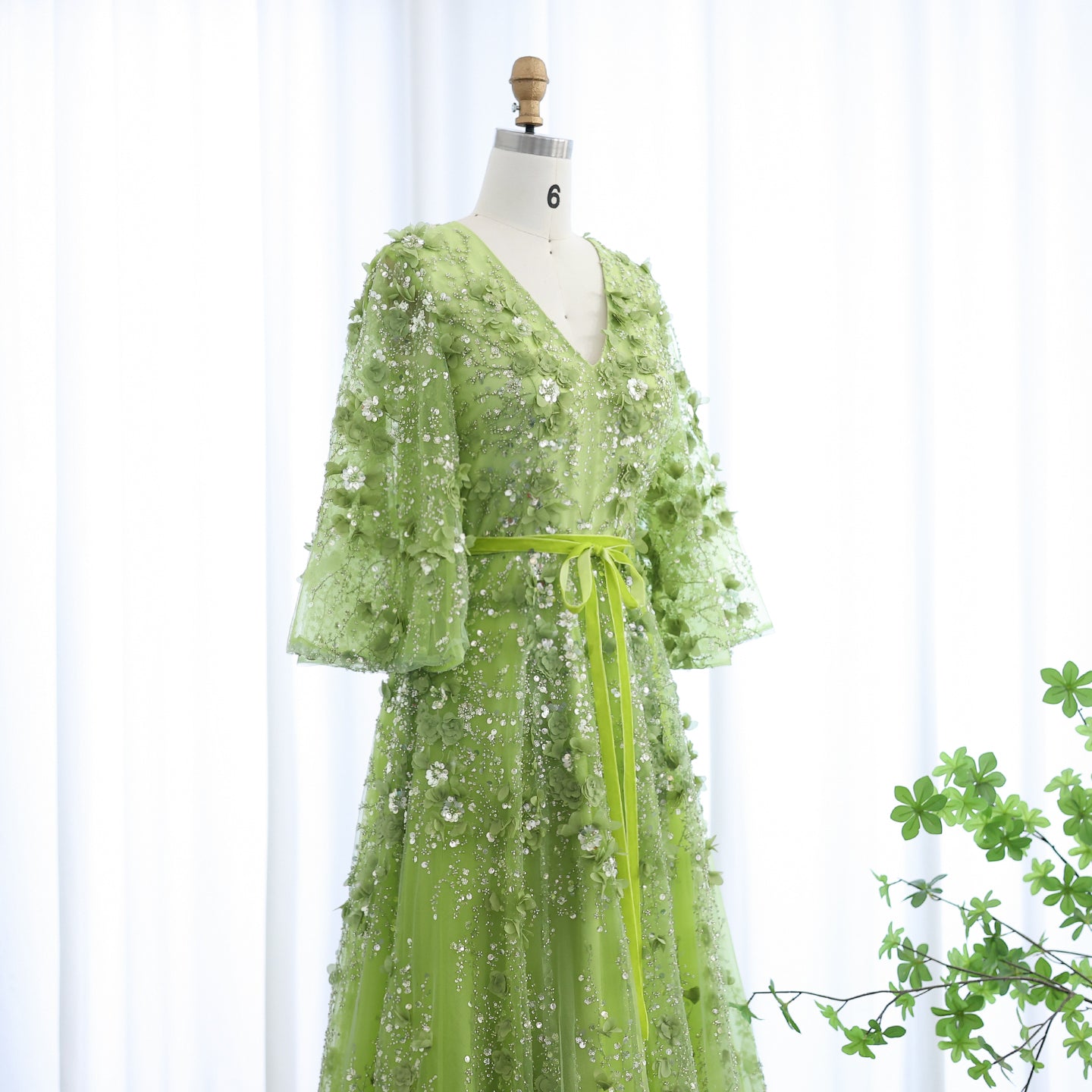 Sexy V-neck Green 3D Embroidered Flowers A-Line Evening Dress SS354
