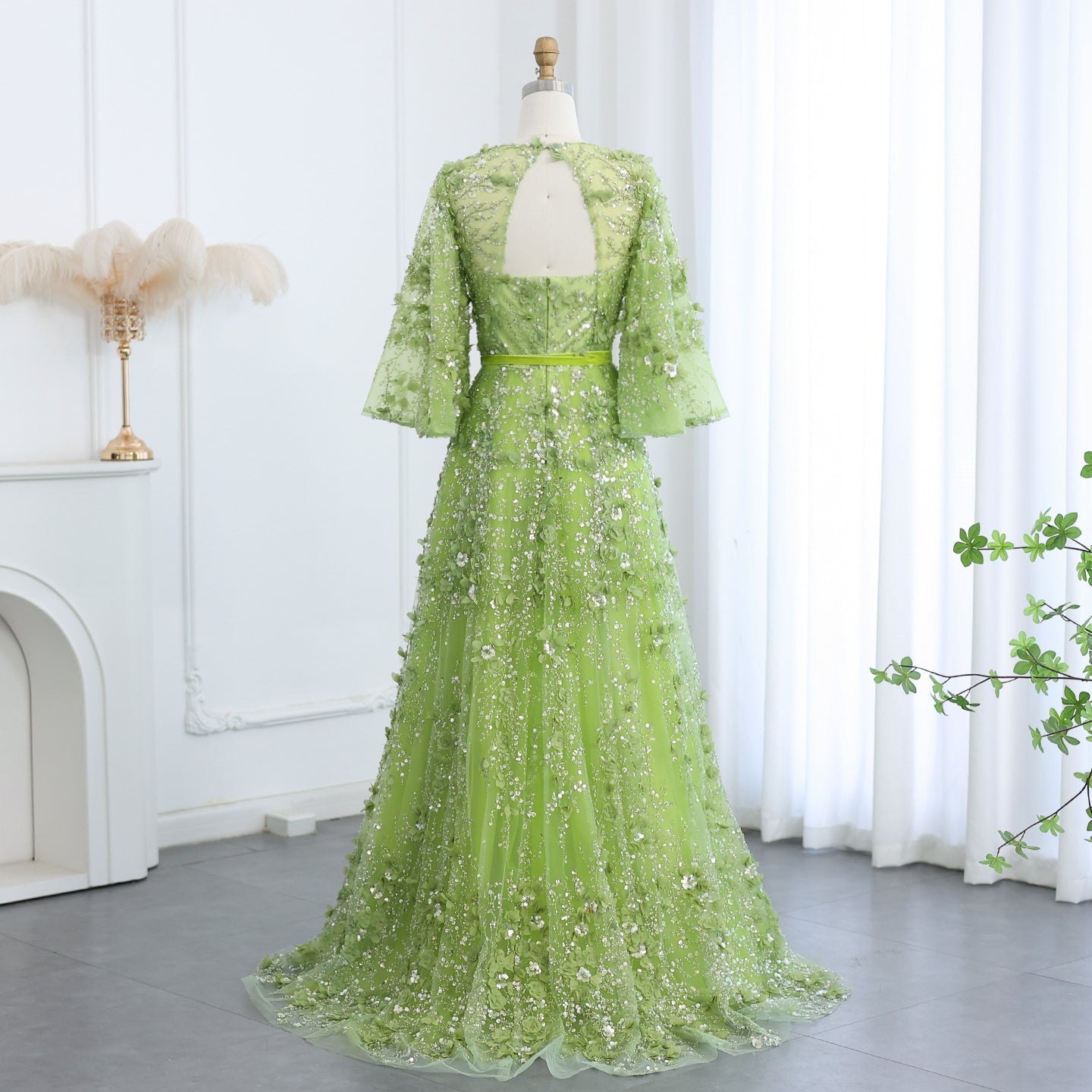 Sexy V-neck Green 3D Embroidered Flowers A-Line Evening Dress SS354