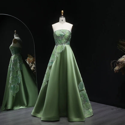 Luxury Green Strapless Embroidered Satin Evening Dress XD077