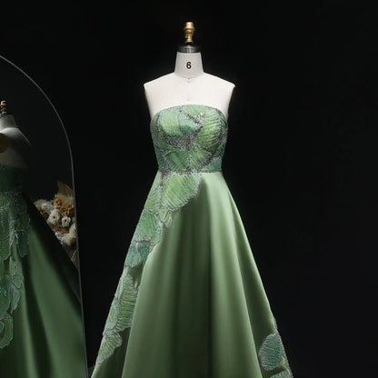 Luxury Green Strapless Embroidered Satin Evening Dress XD077