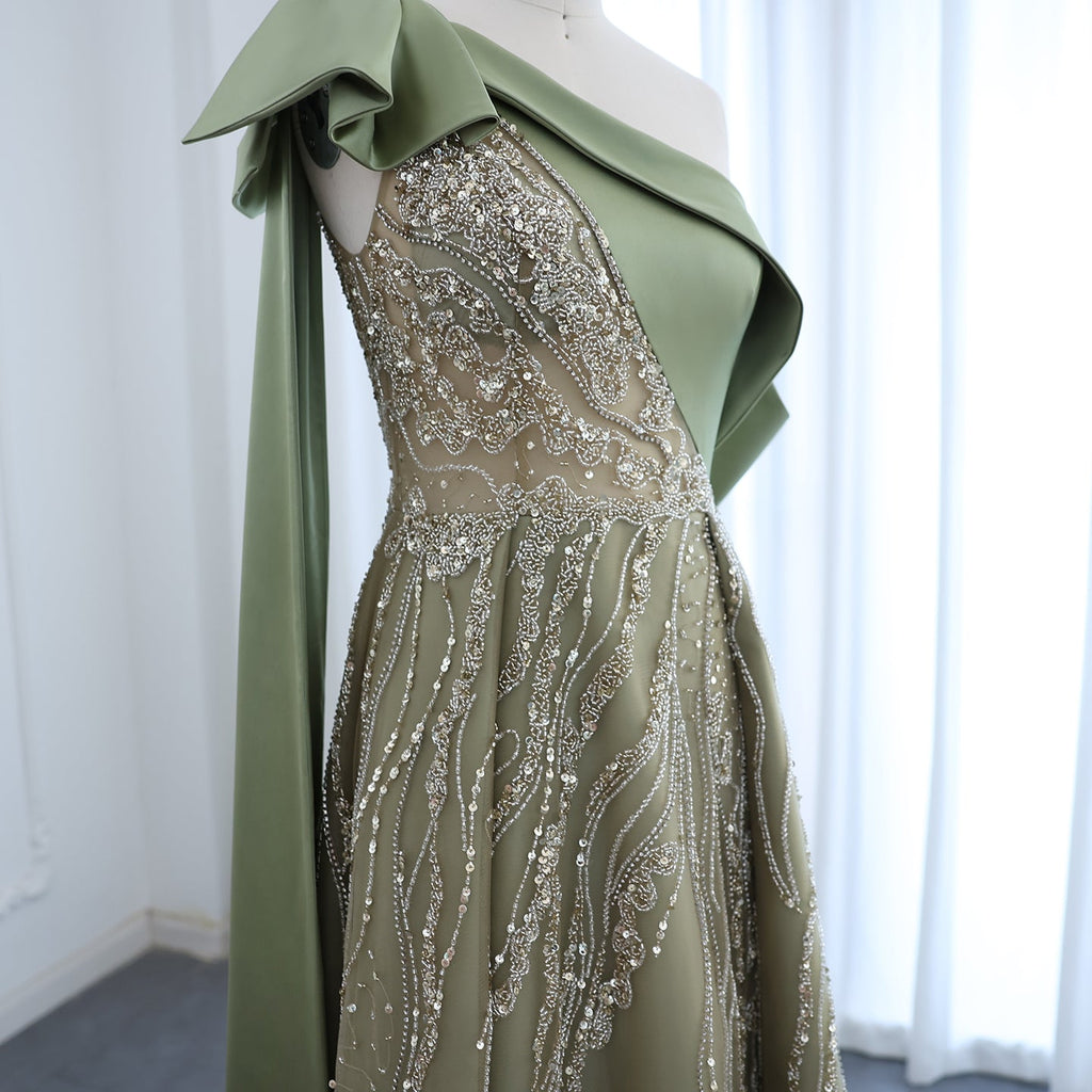 Luxury Olive Green One Shoulder Evening Dress with Cape Sleeves SS323
