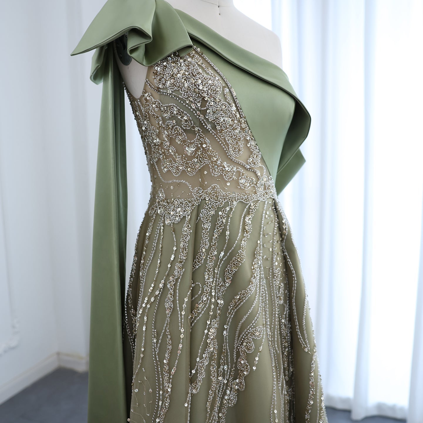 Luxury Olive Green One Shoulder Evening Dress with Cape Sleeves SS323
